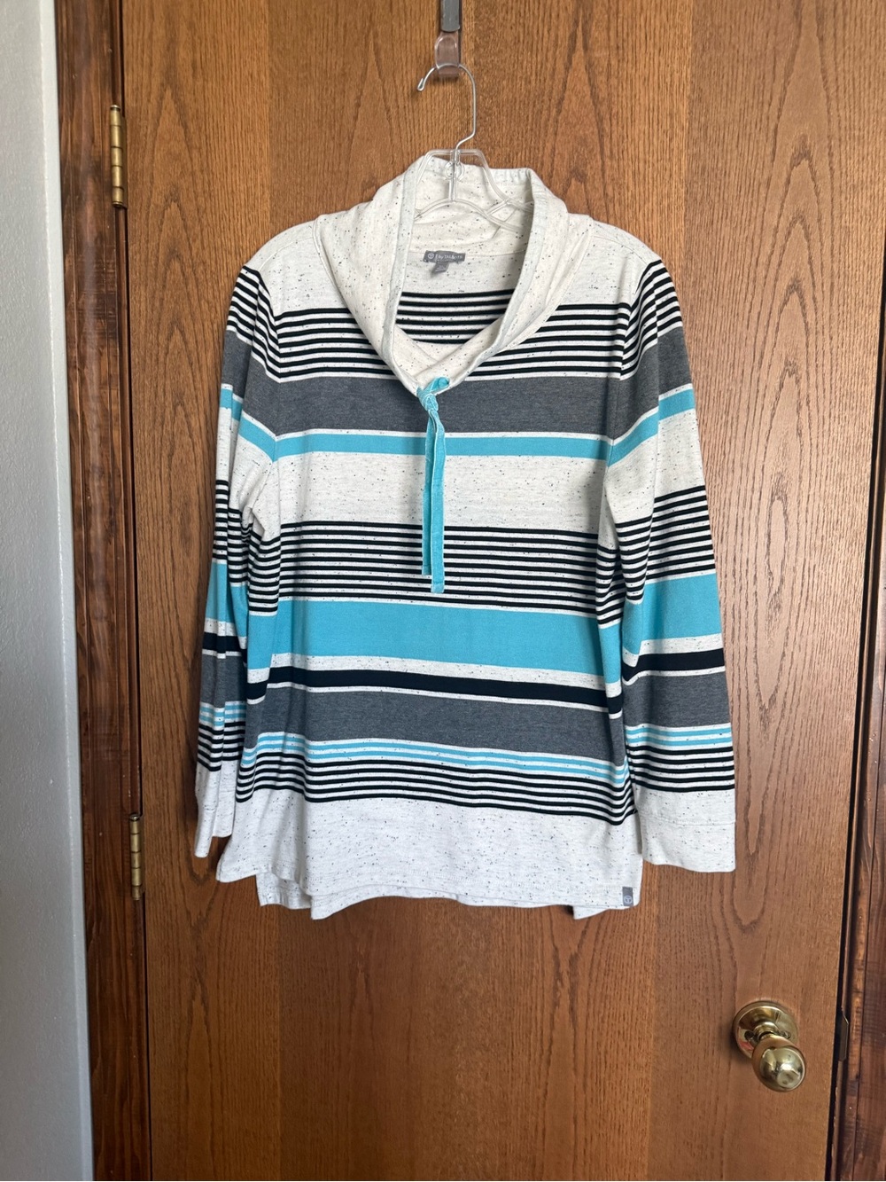 Talbots Striped Cowl Neck Pullover - Teal, Gray & White